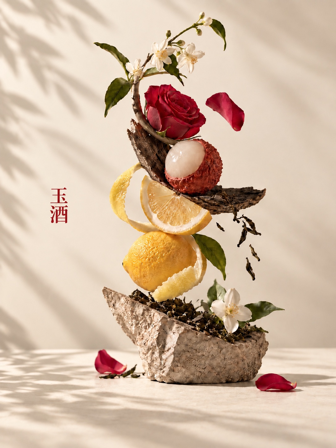 A sculptural arrangement of fruit, tea, rose and white blossoms for YU JIU