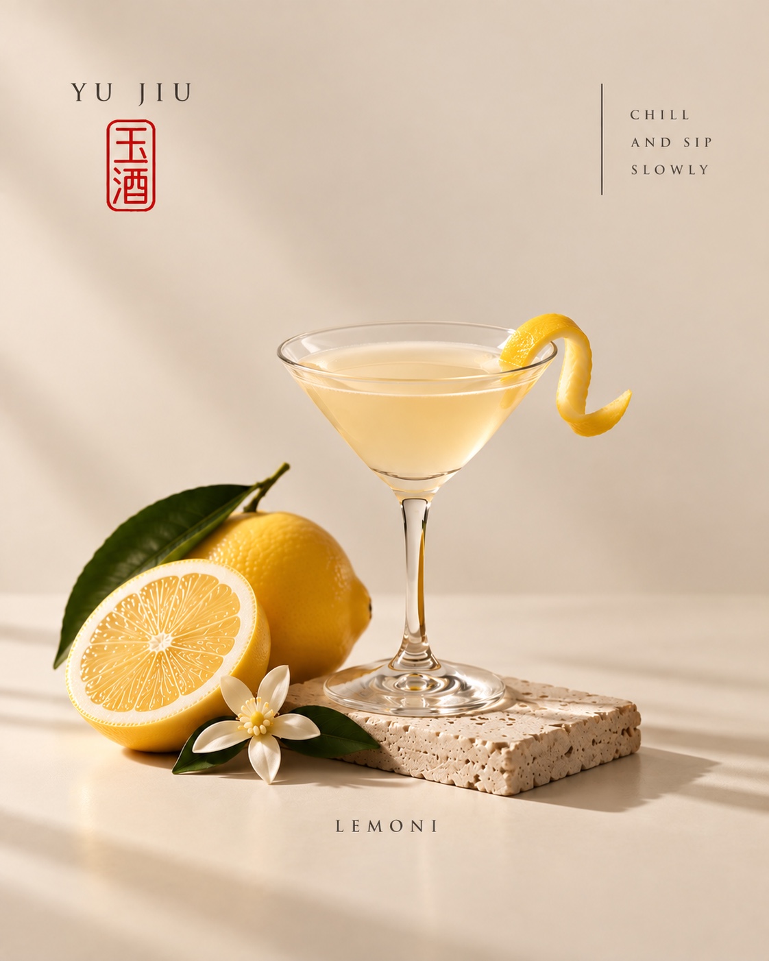 YU JIU LEMONI cocktail with lemon and blossom